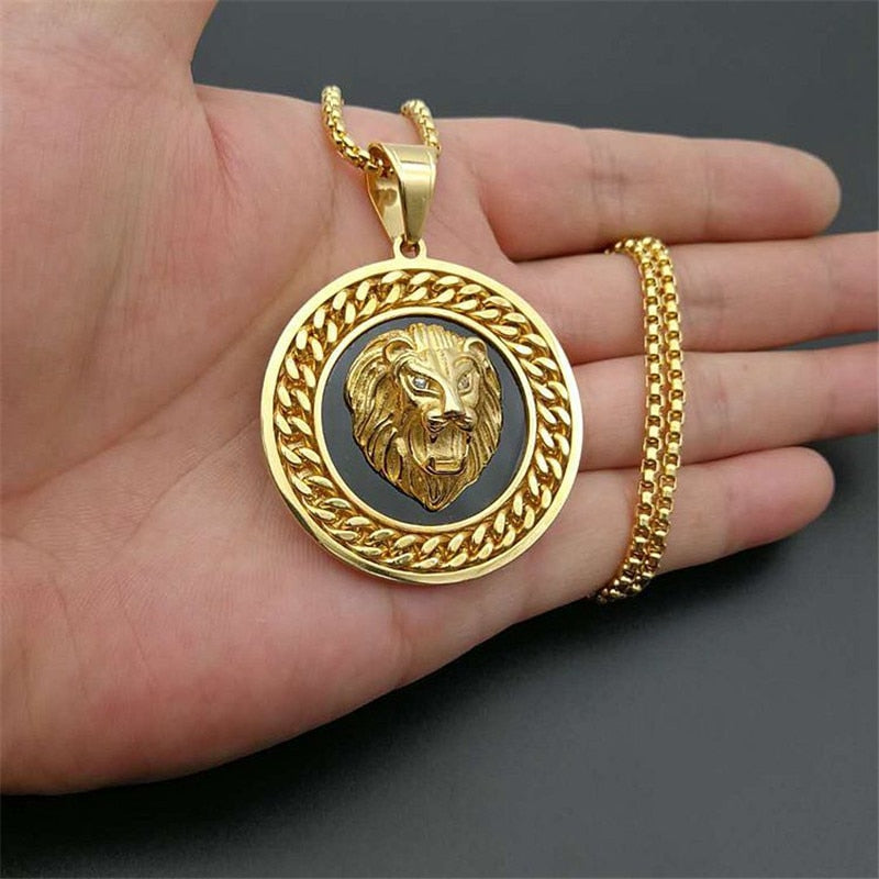 Lion's Head Pendant Necklace With Cuban Chain