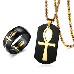 Men's Two Tone Cut out Ankh Egyptian Cross Ring & Necklace Jewelry Set - Authenticblkwidow