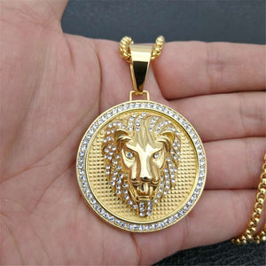 Iced Out Golden Lion Head Pendant Necklace